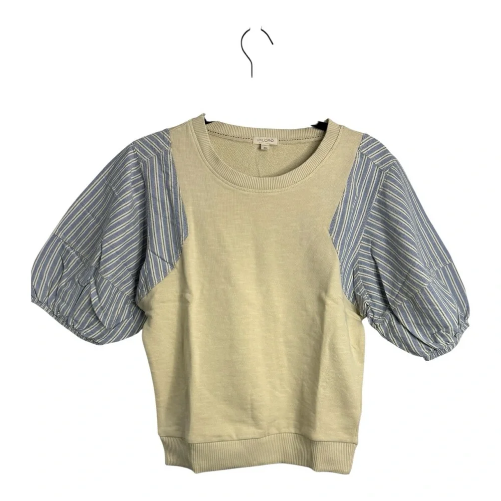 Pilcro Woven Crewneck Puff-Sleeve Top in Beige and‎ Blue Stripe XS NWT - Picture 4 of 14